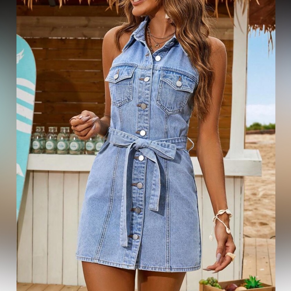 Denim Button-Up Dress with Belt